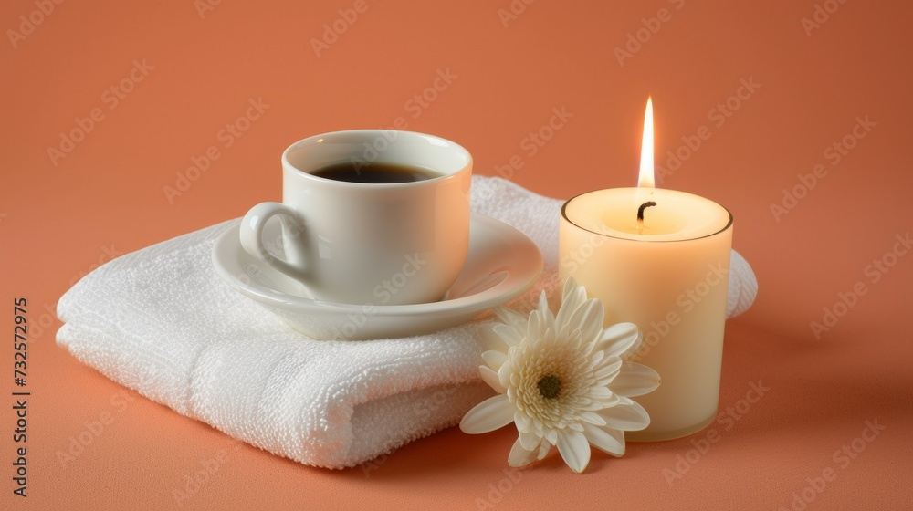 A serene setup with a cup of coffee on a white saucer resting on a folded white towel, accompanied by a lit candle and a white daisy on a peach background