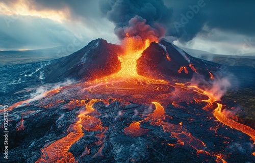 Apocalyptic settings around a volcano that has erupted, with flaming lava scalding and gushing out of the crater and volcanic smoke and gases filling the air.