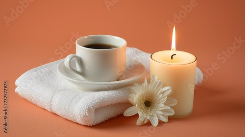 A serene setup with a cup of coffee on a white saucer resting on a folded white towel  accompanied by a lit candle and a white daisy on a peach background