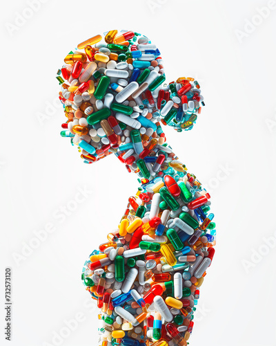 A woman's profile made entirely of biologically active supplements such as vitamins, minerals. Health and pharmaceutical concept, representations of mental health and personality photo