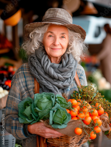 Old stylish woman in a hat and scarf bying vegetables at the famers market. Concept of  healthy eating, sustainable living, organic shopping and healthy lifestyles photo