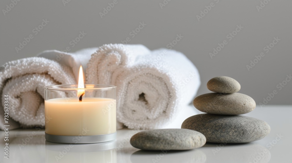  Zen stones, candle and white towel on minimal background, spa therapy concept 