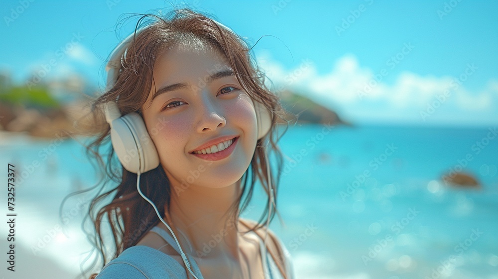Beautiful, active, hipster-happy Asian woman with headphones on, listening to music while wearing shorts and a casual shirt. Beautiful, active, hipster-happy Asian woman with headphones on, listening to music while wearing shorts and a casual shirt.