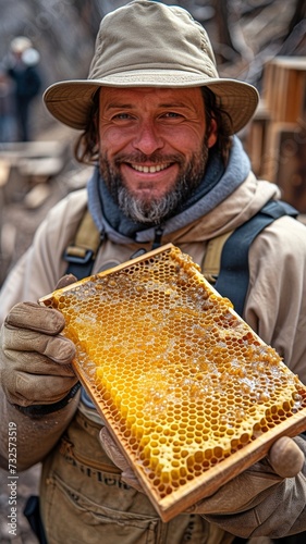Hands of beekeepers holding and examining a hive frame with a honeycomb, displaying capped honey and brood cells
