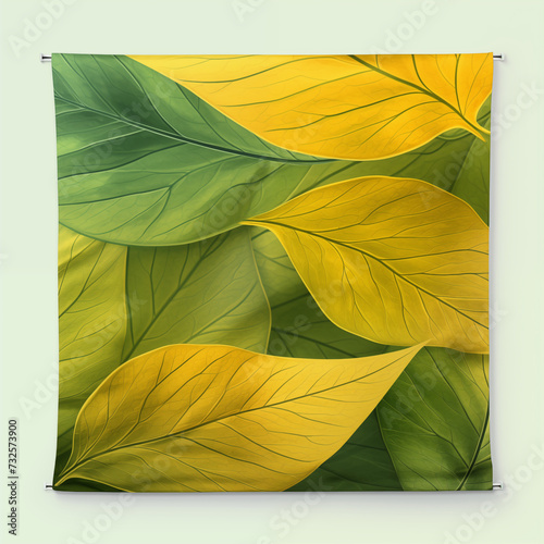 Mock-up fanion en tissu tenu aux 4 angles avec un imprimé feuilles jaunes et vertes attaché avec des épingles sur un mur vert pistache. 