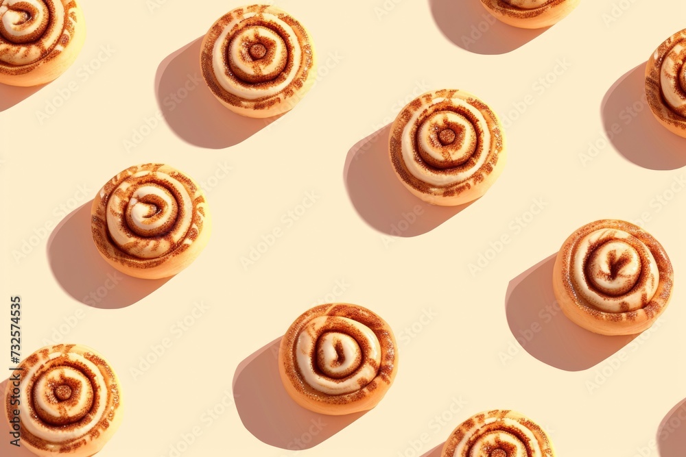 A flat lay of cinnamon rolls arranged in a grid pattern on a light background. Each roll has a swirl of cinnamon and cream frosting, casting soft shadows A flat lay of cinnamon rolls arranged in a grid pattern on a light background. Each roll has a swirl of cinnamon and cream frosting, casting soft shadows