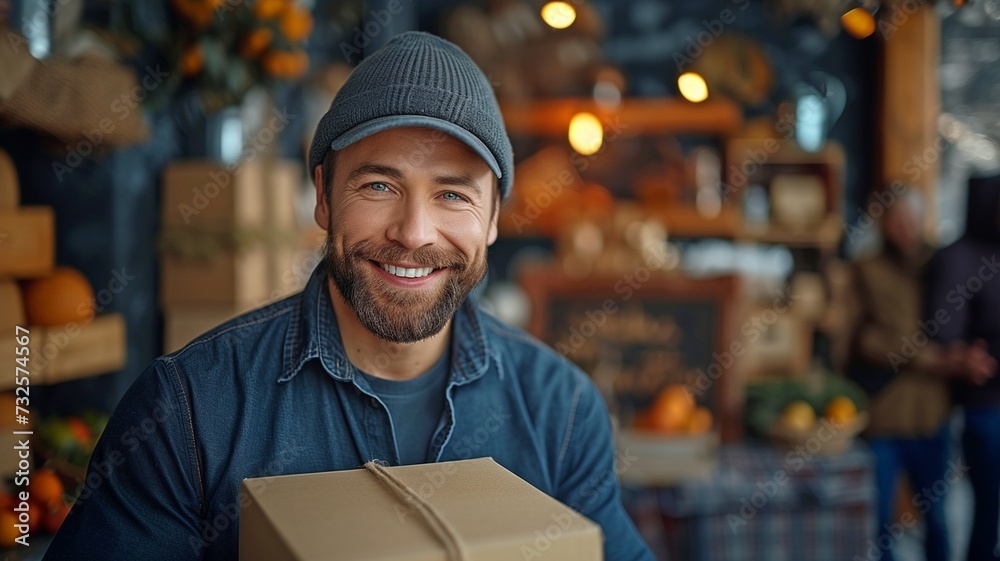 attractive delivery man in uniform, holding a card box and mailing a parcel to a customer at home with excellent service attractive delivery man in uniform, holding a card box and mailing a parcel to a customer at home with excellent service