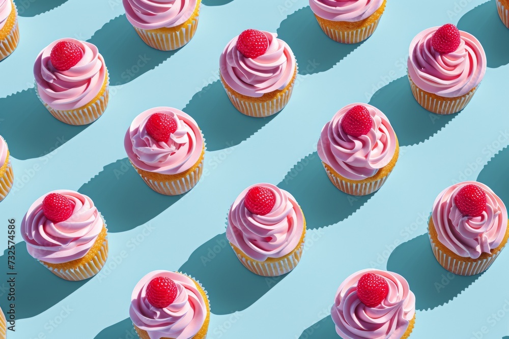 A vibrant arrangement of cupcakes with pink frosting and raspberries on top, set against a light blue background. The cupcakes are evenly spaced, creating a visually appealing pattern A vibrant arrangement of cupcakes with pink frosting and raspberries on top, set against a light blue background. The cupcakes are evenly spaced, creating a visually appealing pattern