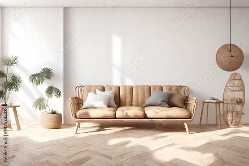 Blank empty white wall in stylish modern wooden living room. Scandinavian style. Rattan sofa. Wooden tables. Parquet floor. home decor. 3d render. Illustration