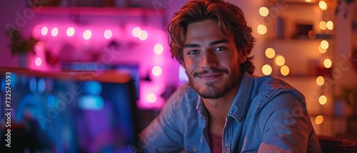 A cheerful and attractive young male game streamer or caster is playing video games on his computer while relaxing in his home's room with neon lights.