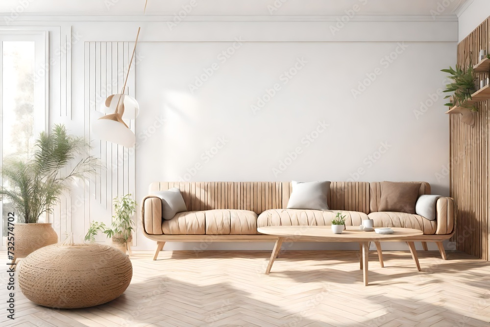 Blank empty white wall in stylish modern wooden living room. Scandinavian style. Rattan sofa. Wooden tables. Parquet floor. home decor. 3d render. Illustration