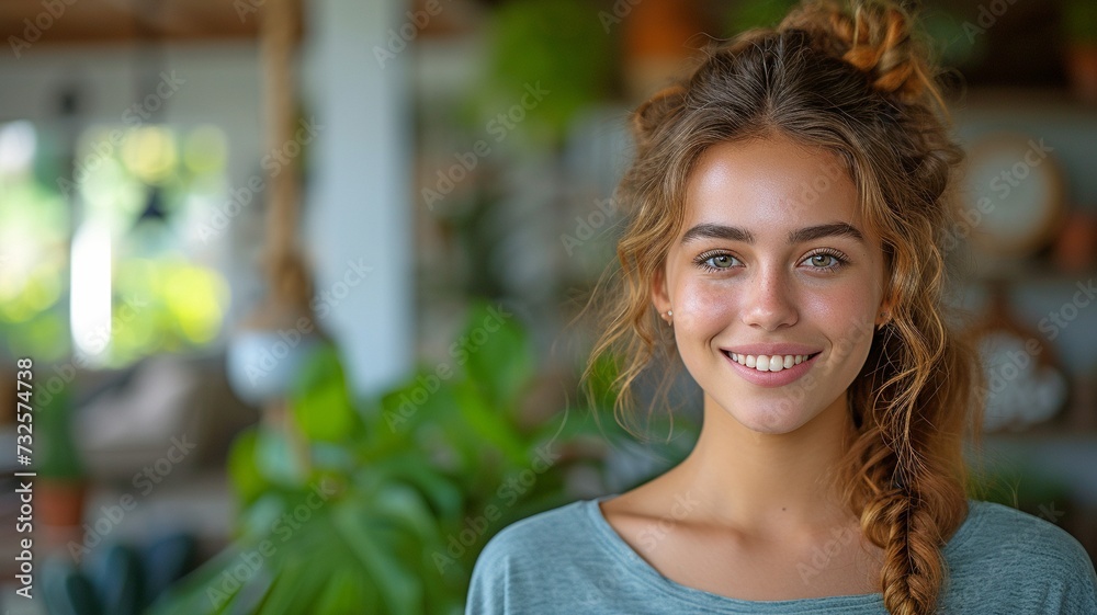 Fototapeta premium youthful, cheerful, smiling woman with a green house at home in her turquoise shirt.