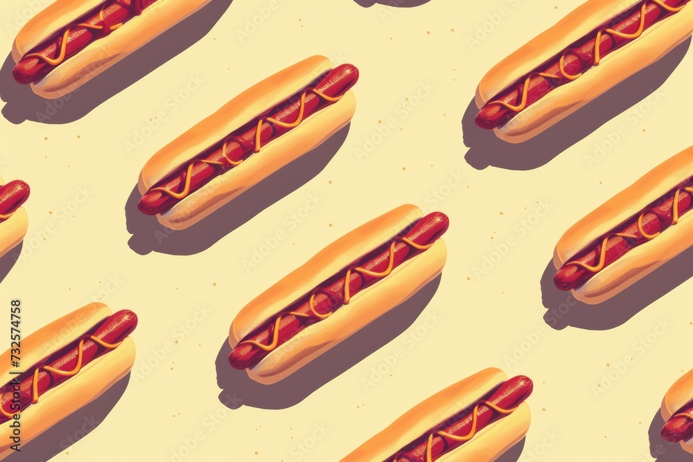 A seamless pattern of hot dogs with mustard and ketchup on a light background. The hot dogs are arranged in a repeating design, showcasing their appetizing appearance A seamless pattern of hot dogs with mustard and ketchup on a light background. The hot dogs are arranged in a repeating design, showcasing their appetizing appearance