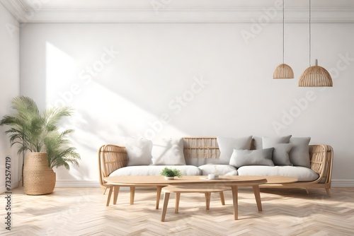 Blank empty white wall in stylish modern wooden living room. Scandinavian style. Rattan sofa. Wooden tables. Parquet floor. home decor. 3d render. Illustration