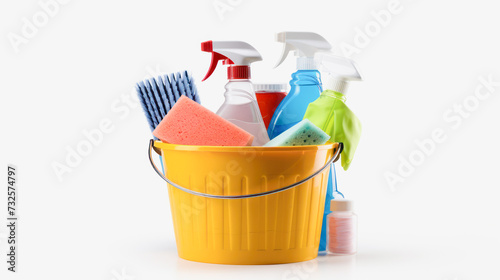 yellow bucket with cleaning tools