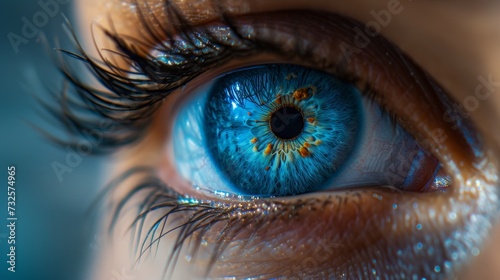 Extreme close-up portrait of a woman's blue-colored eyes with lush eyelashes. Created with Generative AI.