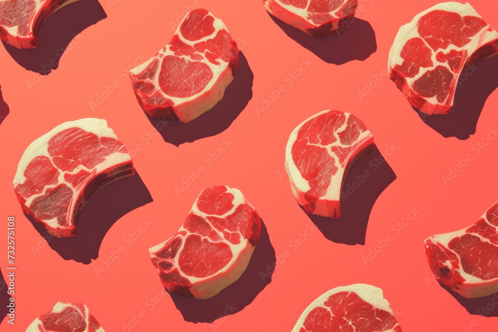 A flat lay of raw ribeye steak pieces arranged on a vibrant coral background. The steaks are marbled with fat, showcasing their rich red color and texture