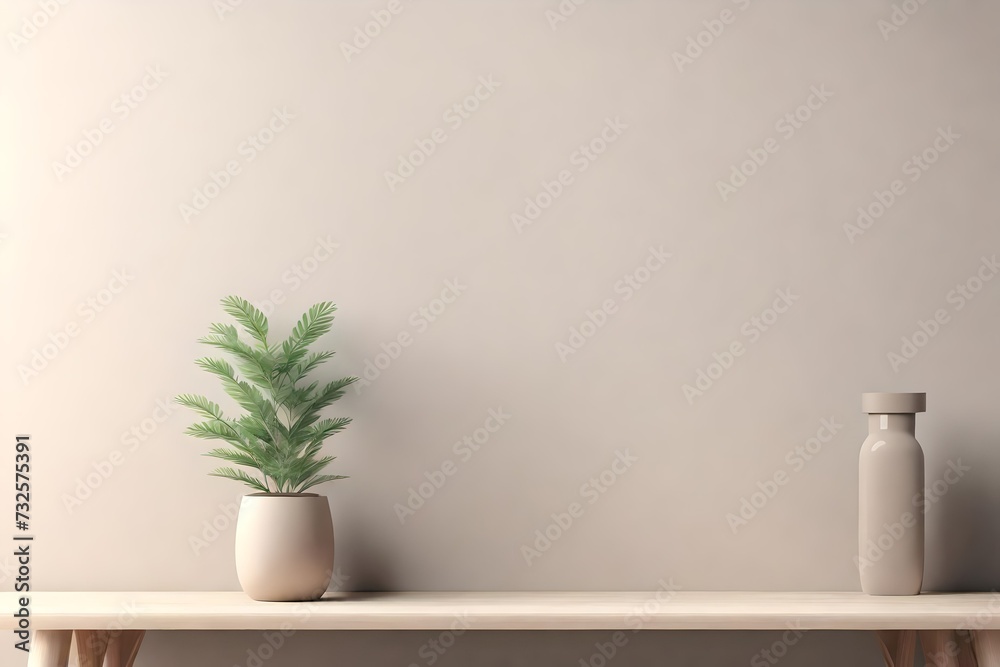 Mock-up Of blank gray wall background with Small Plant In beige Vase. Home decoration. Close up home decor. Empty interior template . 3d render. illustration Mock-up Of blank gray wall background with Small Plant In beige Vase. Home decoration. Close up home decor. Empty interior template . 3d render. illustration
