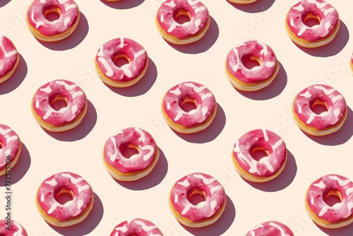 A vibrant pattern of pink frosted donuts arranged in a grid on a light background. Each donut features white icing drizzles, creating a playful and appetizing visual