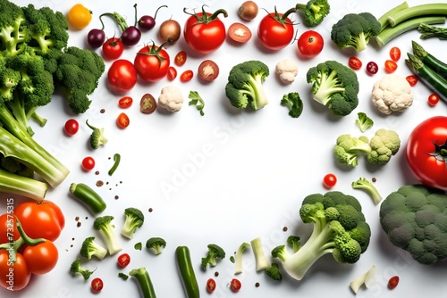 A row of vegetables including broccoli, tomatoes, lettuce, squash, cauliflower, peppers, asparagus and cherry tomatoes on a white background