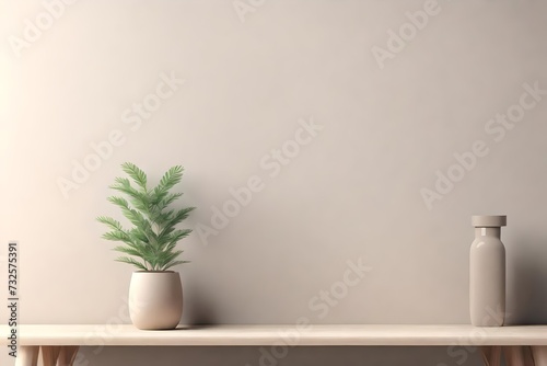 Mock-up Of blank gray wall background with Small Plant In beige Vase. Home decoration. Close up home decor. Empty interior template . 3d render. illustration