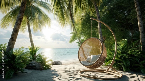 Chair swing on the beach with palm trees.