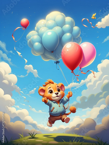 Adorable lion cub flies high with balloons.