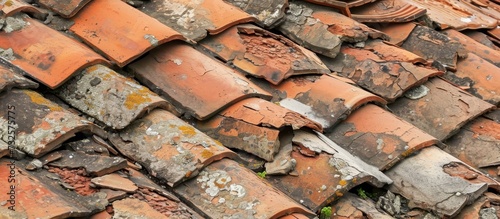 A detailed view of damaged tiles on a rooftop, showcasing the art of brickwork and pattern in building construction.