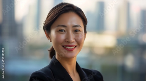 Attractive Asian businesswoman manager standing confident with blurred office buildings as a background