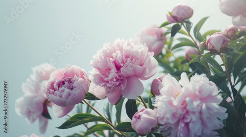 Many beautiful peonies blossoms on light background with copy space