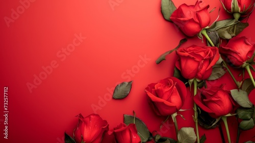 Red roses flower on red background. Copy space. Flower frame