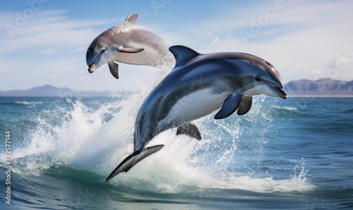 Two Dolphins Jumping Out of the Water © uhdenis