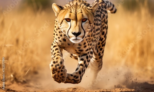 Cheetah Running Through Dry Grass Field © uhdenis