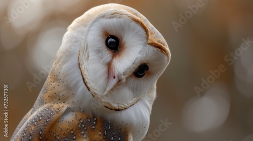 Barn Owl Tilting Head in Soft Focus Close-Up.