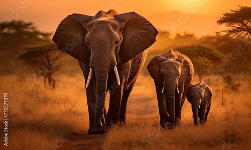 Elephants Walking Across Grass Field © uhdenis