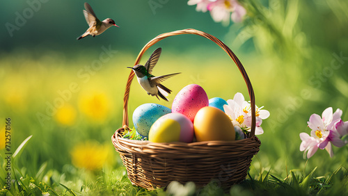 An amazing hummingbird surrounded by Easter eggs and bright flowers in a spring meadow, the sun's rays create a magical atmosphere, an ideal choice for festive projects and design