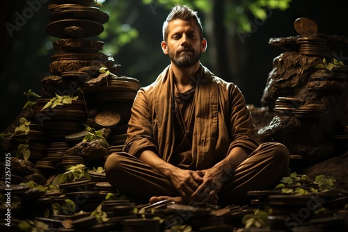 Man sitting in lotus position on stacks of coins with plants and nature elements growing around. Concept: financial well-being and investing in sustainable development © Marynkka_muis