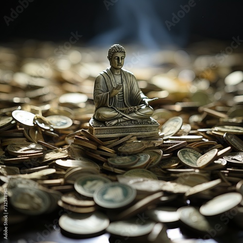 Man sitting in lotus position on stacks of coins with plants and nature elements growing around. Concept: financial well-being and investing in sustainable development