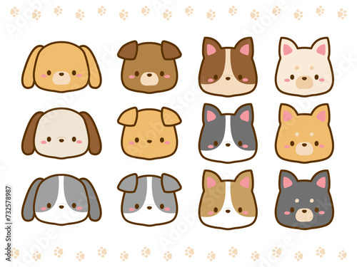 かわいい犬のベクターイラストのセット。いろいろな種類の犬たちの顔のアイコンのイラスト。