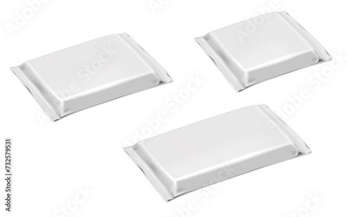 Flow pack packaging. Blank white pillow bag vector mock-up set. Foil, paper or plastic pouch package realistic mockup. Template for design