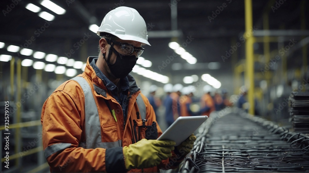 worker with tablet at workplace in industrial factory