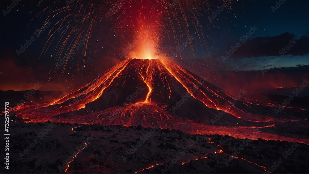 volcano eruption at night background