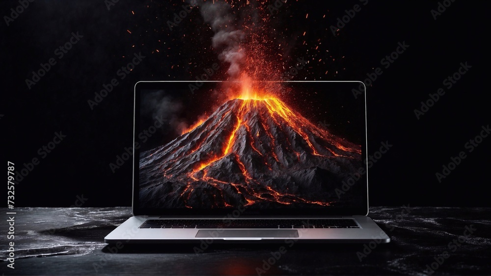 laptop screen with volcano with fire on black table, technological progress and energy explosion