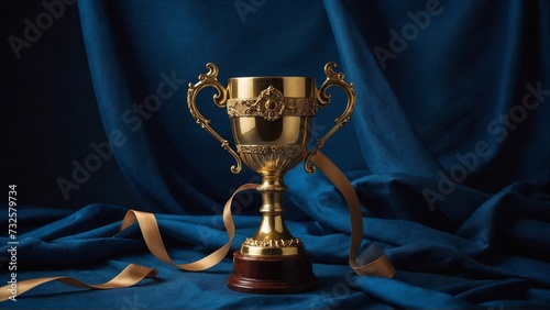 golden trophy cup on background with blue fabric, time for success