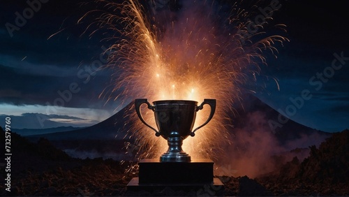 victory trophy with flames on dark background, achieving success