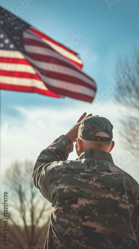 Patriotic Pride: Veteran in Military Camouflage Saluting the American Flag, Symbolizing Honor and Respect