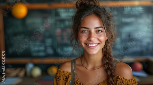 Teacher, modern young woman with a smile against the background of a multi-colored school board, Concept: learning and creativity. educational platforms, advertising courses and trainings photo