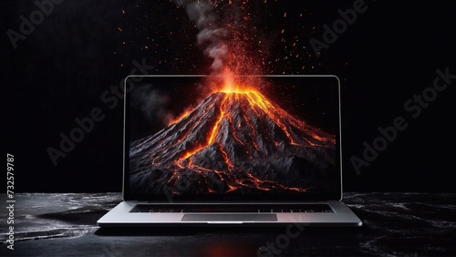 laptop screen with volcano with fire on black table, technological progress and energy explosion