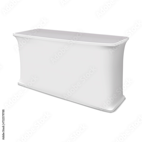 Blank white exhibition table counter vector mockup. Trade show promotional display podium stand realistic mock-up. Template for design