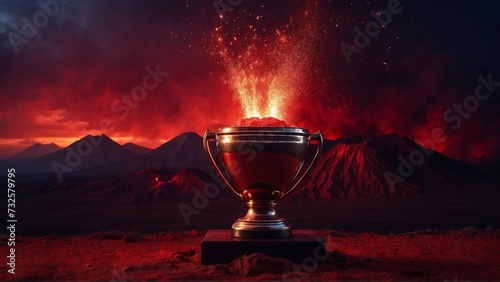 trophy cup with volcano eruption with flames, victory award